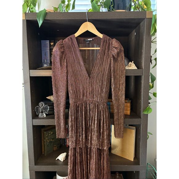 Sabina Musayev Carry Long Sleeve Bronze Metallic Tiered Midi Dress No Belt XS - Picture 6 of 11